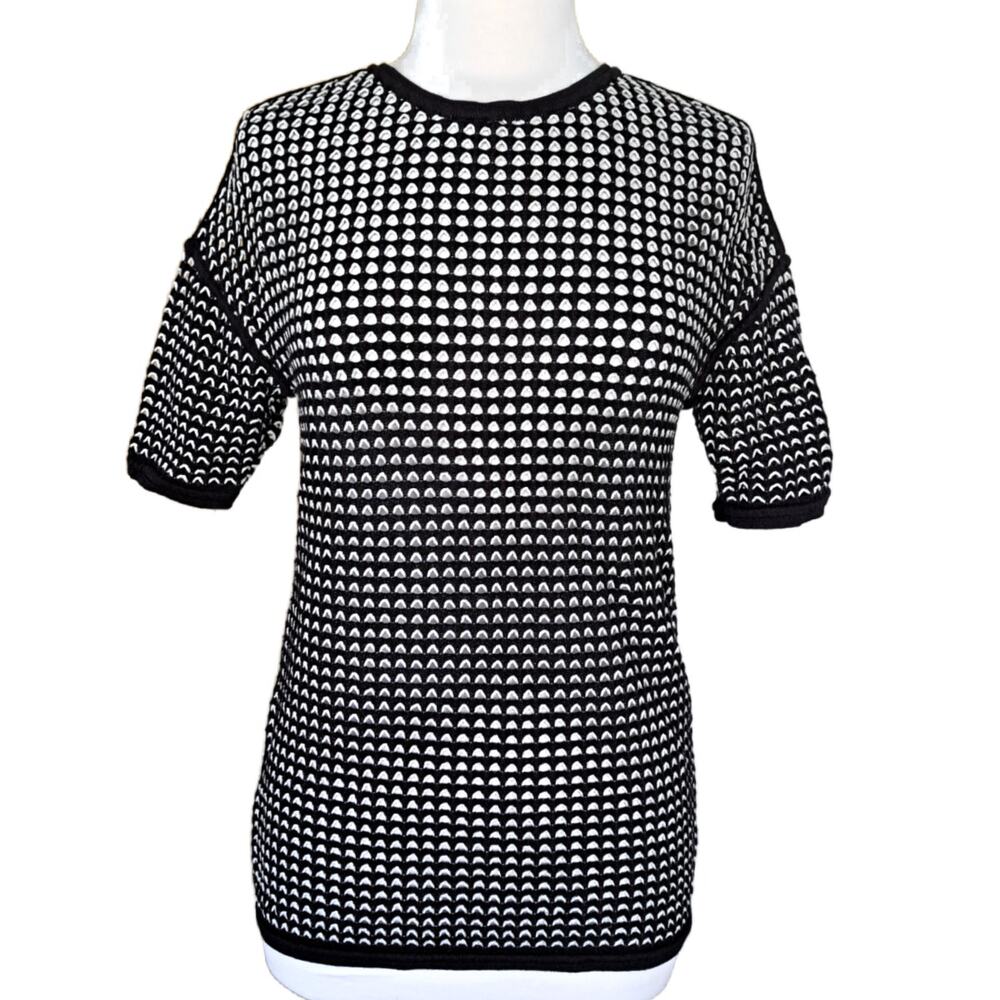 PORTS 1961 Black & White Open Knit Short Sleeve Sweater